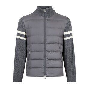 Moncler Grey Down Jacket | Wool Knit Sleeves, White Stripes, 90% White Duck Down